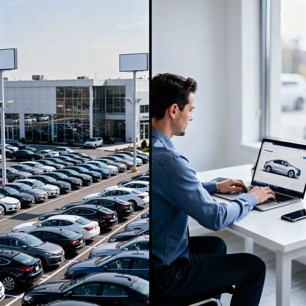 Split-screen comparison of a traditional car dealership lot versus a modern flexible co-op dealer license approach