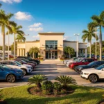 Florida car dealership lot with palm trees, sunshine, and vehicles - dealer license florida guide