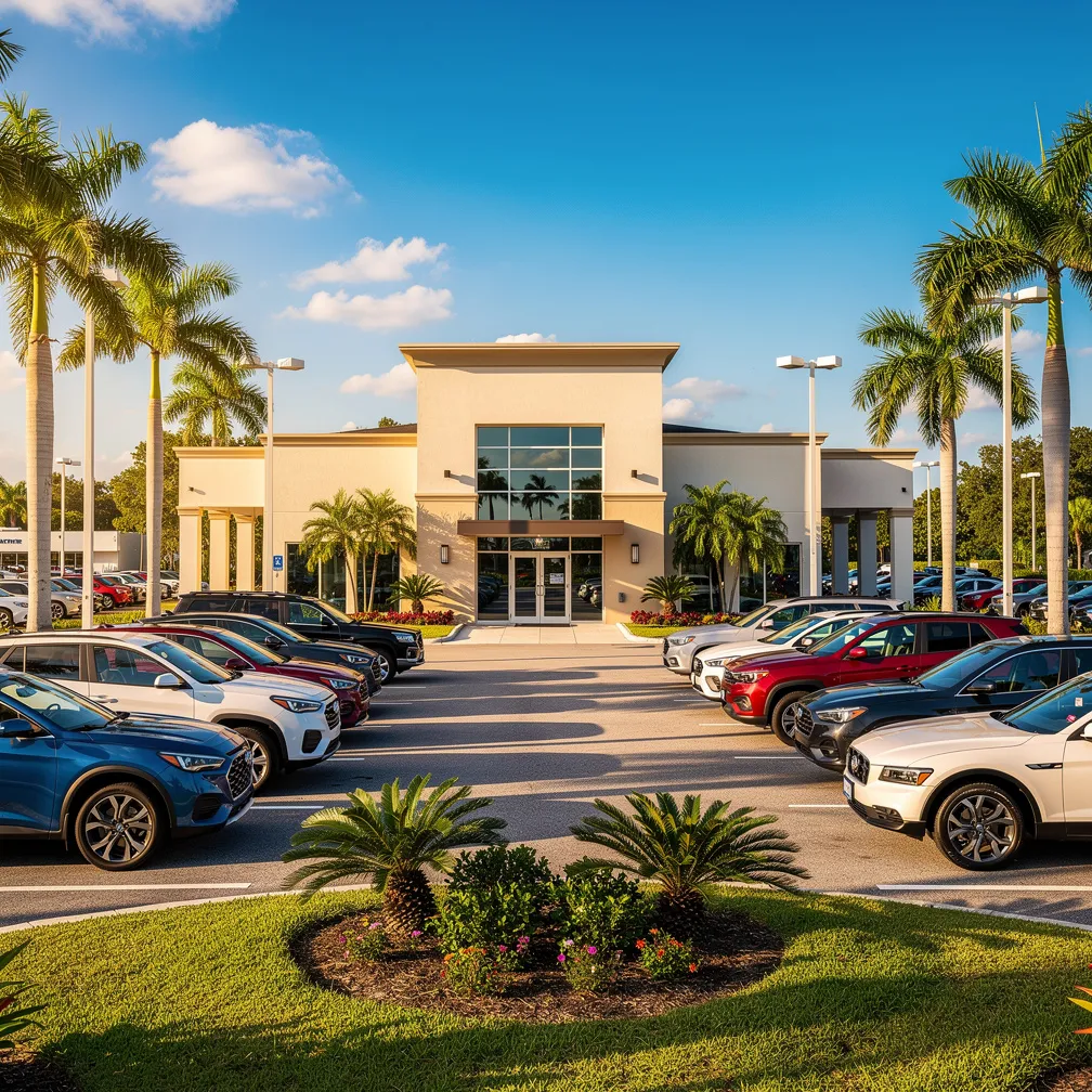 Florida car dealership lot with palm trees, sunshine, and vehicles - dealer license florida guide