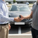 Professional handshake over car keys during a legal car sale transaction