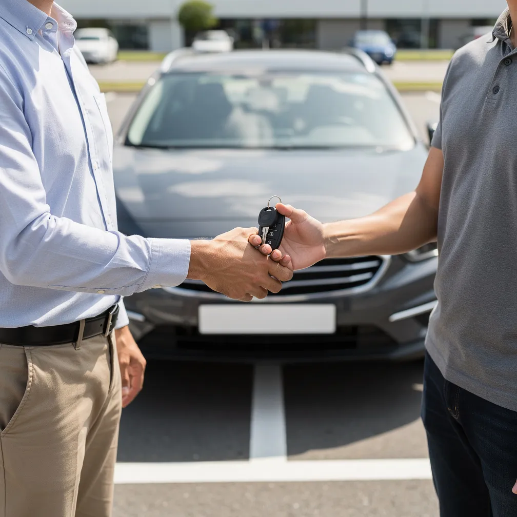 Professional handshake over car keys during a legal car sale transaction