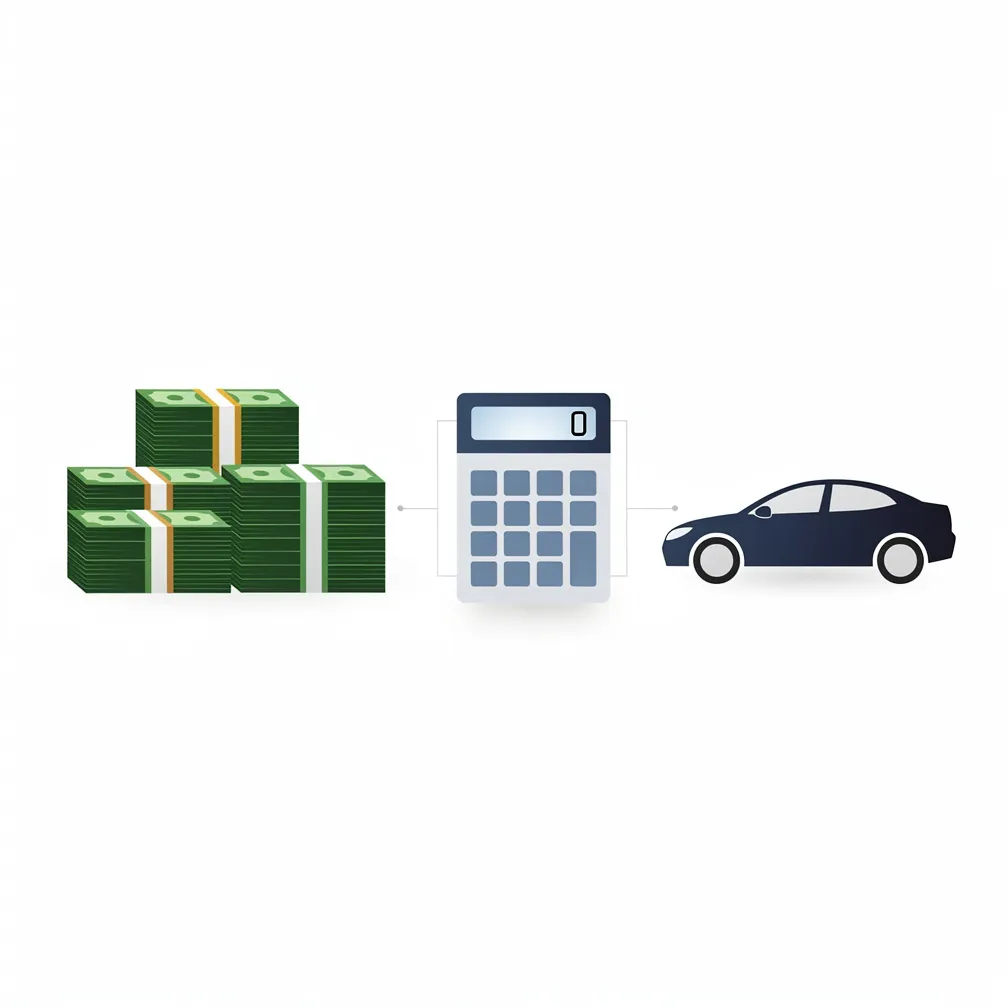 Stacks of money and cost calculator next to a car representing dealer license costs in 2026
