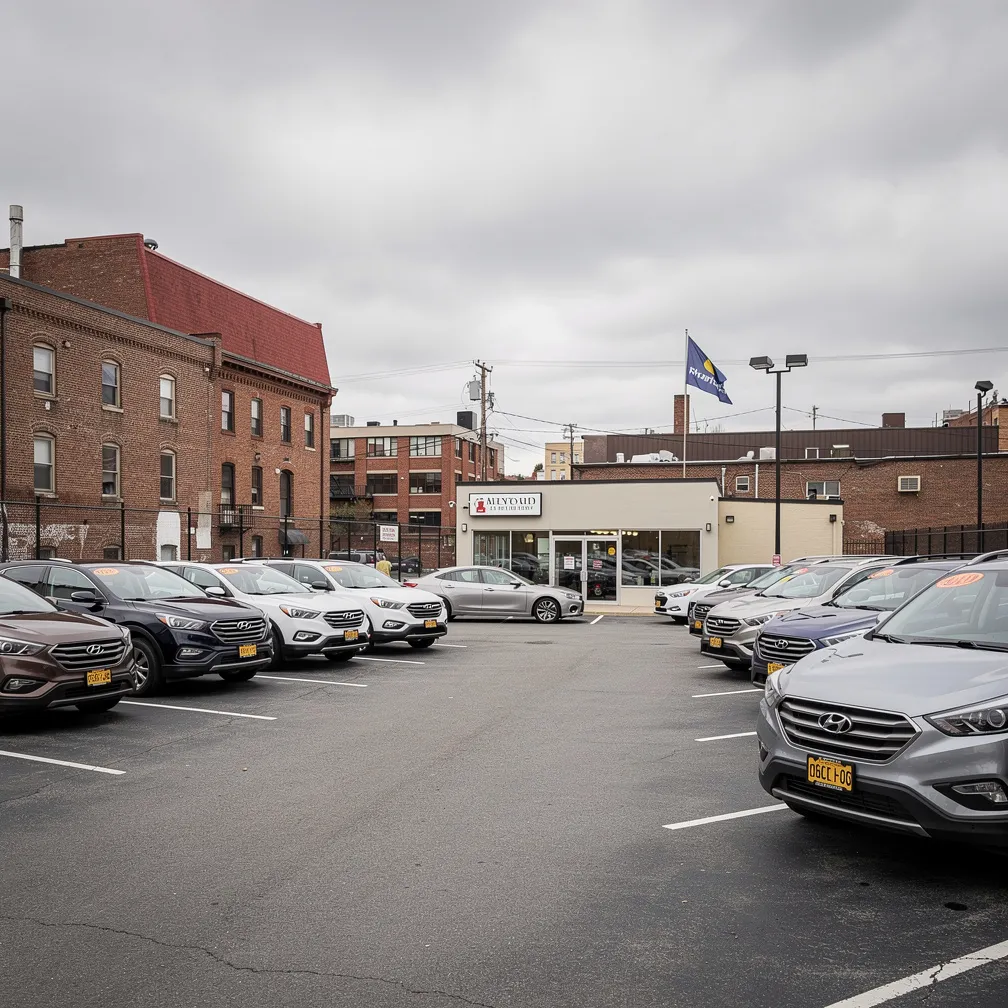 Car dealership lot in Pennsylvania urban setting with vehicles displayed for sale