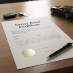 Professional surety bond certificate document with car keys on desk representing auto dealer bonding requirements