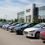 Professional used car lot with quality pre-owned vehicles lined up for sale at a licensed dealership