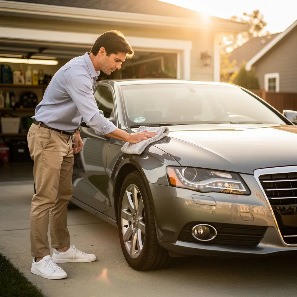 Person detailing and inspecting a car for resale in a professional garage setting - car flipping hustle