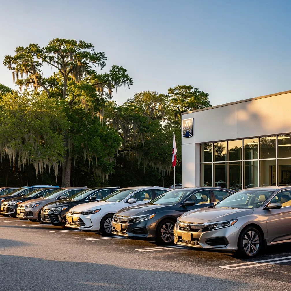 Alabama car dealership lot in a Southern setting with vehicles displayed under warm sunshine and green trees