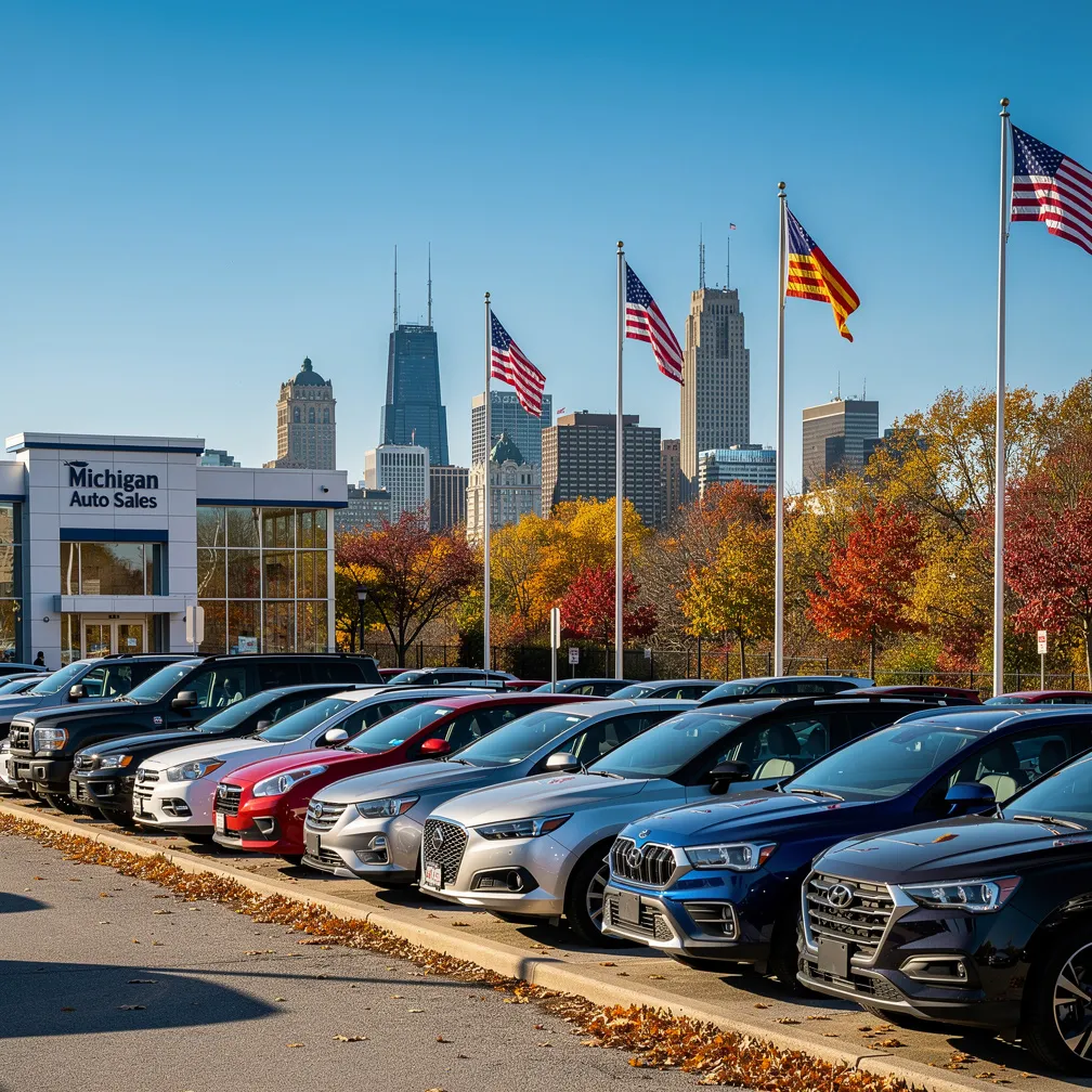 Car dealership lot in Michigan with vehicles lined up and Detroit skyline in background, representing Michigan dealer license opportunities