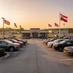 Ohio car dealership lot with vehicles displayed in a professional setting with American and Ohio state flags