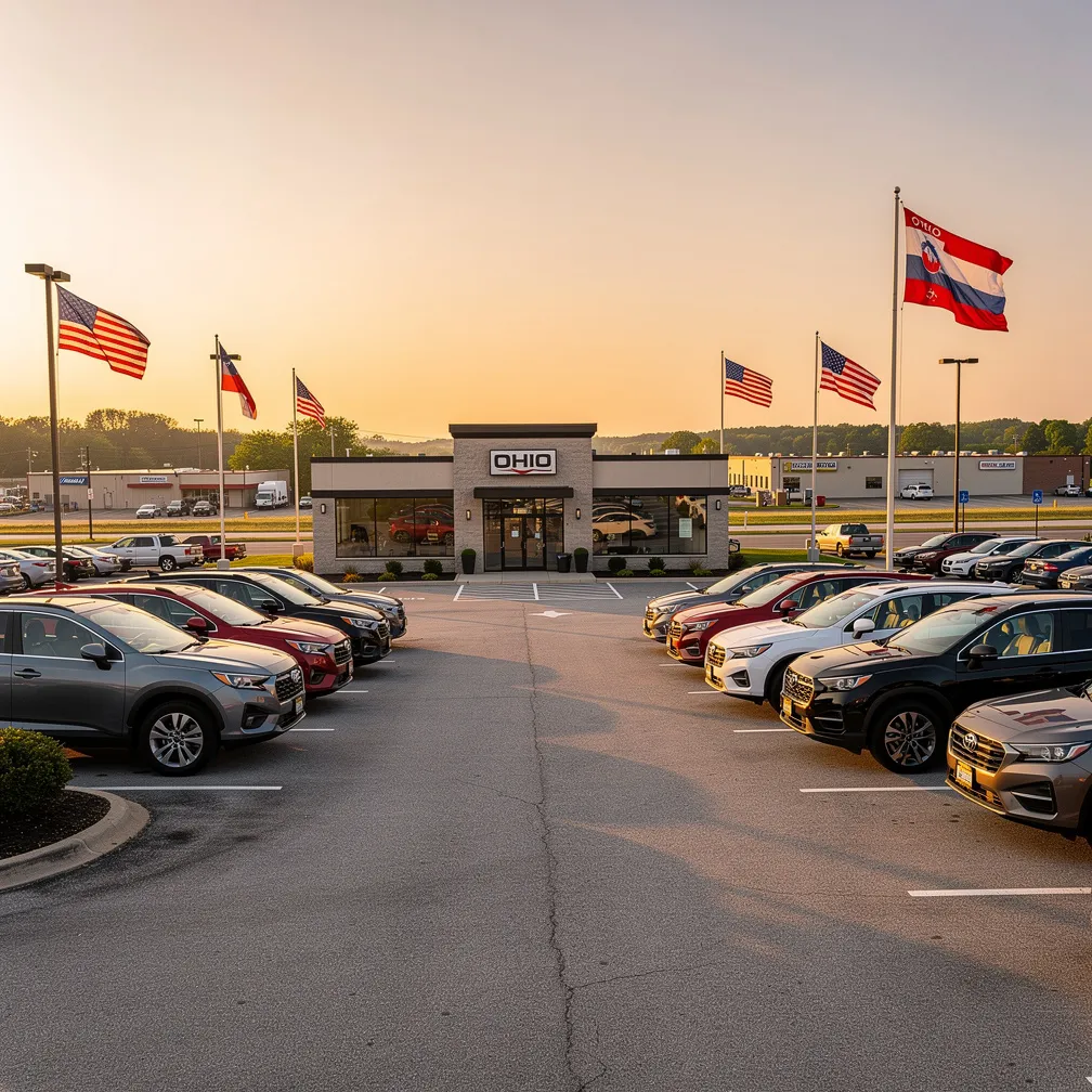 Ohio car dealership lot with vehicles displayed in a professional setting with American and Ohio state flags