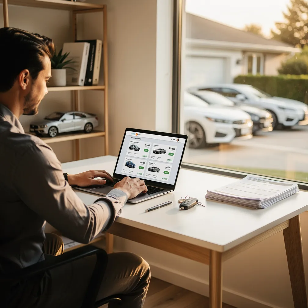 Home office setup for a car dealership business with laptop showing car listings and vehicles visible through the window